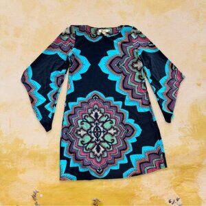 Aryeh Psychadelic Retro Colorful Bell Flare Sleeve Dress